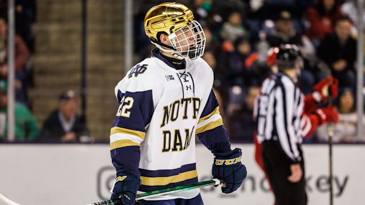 Notre Dame forward Cole Knuble (22) during the Wisconsin-Notre Dame NCAA hockey game on Friday, January 05, 2024, at Compton Family Ice Arena in South Bend, Indiana.