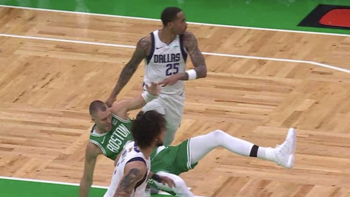 P.J. Washington throws Kristaps Porzingis during Game 5 of the NBA Finals.