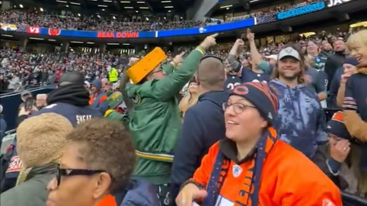 A Packers fan in London eggs on the local crowd.