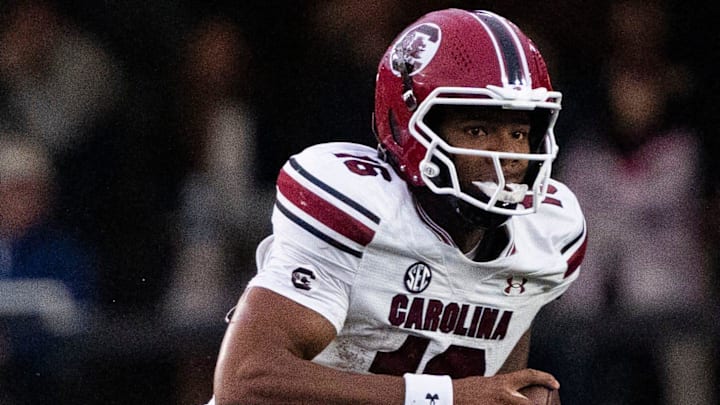 South Carolina Gamecocks quarterback LaNorris Sellers (16) runs against Vanderbilt Commodores’s defense during the first half at FirstBank Stadium in Nashville, Tenn., Saturday, Nov. 9, 2024.