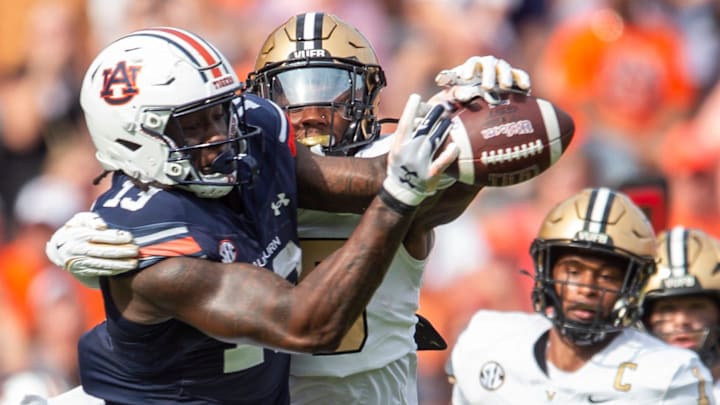 Vanderbilt Commodores defensive back Martel Hight (25) breaks up a pass intend for Auburn Tigers tight end Rivaldo Fairweather (13) as Auburn Tigers take on Vanderbilt Commodores at Jordan-Hare Stadium in Auburn, Ala., on Saturday, Nov. 2, 2024. Vanderbilt Commodores defeated Auburn Tigers 17-7.