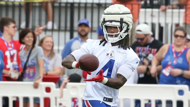 Bills running back James Cook pulls in a pass along the sideline during day three of Buffalo Bills training camp at St. John Fisher University Friday, July 25, 2025 in Pittsford, NY.