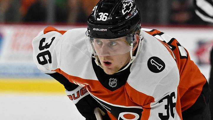 Dec 22, 2025; Philadelphia, Pennsylvania, USA; Philadelphia Flyers defenseman Emil Andrae (36) against the Vancouver Canucks at Xfinity Mobile Arena. Mandatory Credit: Eric Hartline-Imagn Images