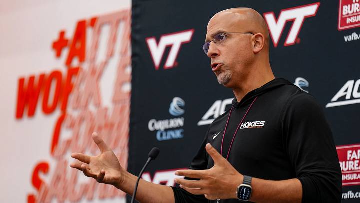 BLACKSBURG, Va. — Virginia Tech head coach James Franklin addresses the media during Virginia Tech's 2026 media day. BLACKSBURG, Va. — Virginia Tech head coach James Franklin addresses the media during Virginia Tech's 2026 media day.