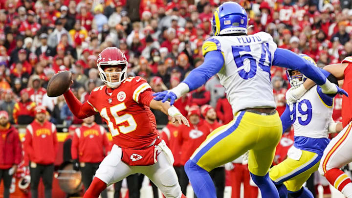 Kansas City Chiefs quarterback Patrick Mahomes throws a pass against the Los Angeles Rams. Mandatory Credit: Jay Biggerstaff-Imagn Images