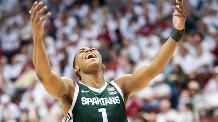 Michigan State's Jeremy Fears Jr. (1) celebrates during the Indiana versus Michigan State men's basketball game at Simon Skjodt Assembly Hall on Sunday, March 1, 2026.