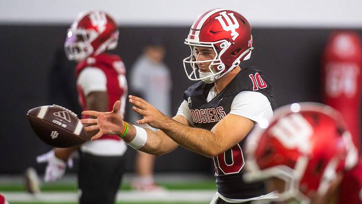 Indiana's Josh Hoover (10) during Indiana University spring football practice on Thursday, March 26, 2026. Indiana's Josh Hoover (10) during Indiana University spring football practice on Thursday, March 26, 2026.