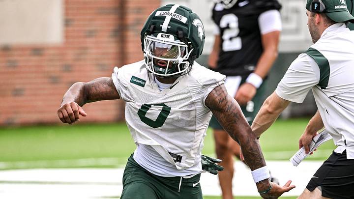 Michigan State running back Cam Edwards runs a drill during football practice on Thursday, Aug. 6, 2026, in East Lansing. Michigan State running back Cam Edwards runs a drill during football practice on Thursday, Aug. 6, 2026, in East Lansing.