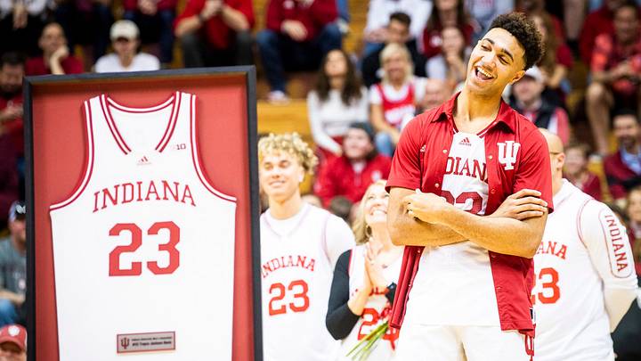 Indiana's Trayce Jackson-Davis (23) listens to Indiana Head Coach Mike Woodson talk about him during Senior Day activities at Simon Skjodt Assembly Hall on Sunday, March 5, 2023.
Iu Um Mbb Sd Tjd 4 Indiana's Trayce Jackson-Davis (23) listens to Indiana Head Coach Mike Woodson talk about him during Senior Day activities at Simon Skjodt Assembly Hall on Sunday, March 5, 2023.
Iu Um Mbb Sd Tjd 4