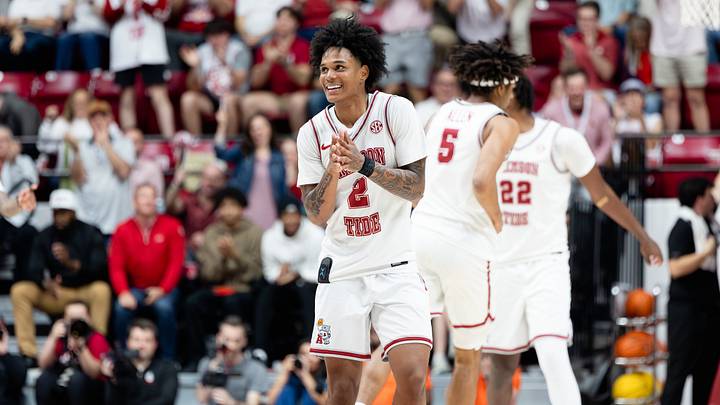 Alabama guard Aden Holloway smiles in the second half of the game against Auburn on Mar. 7, 2026. 
