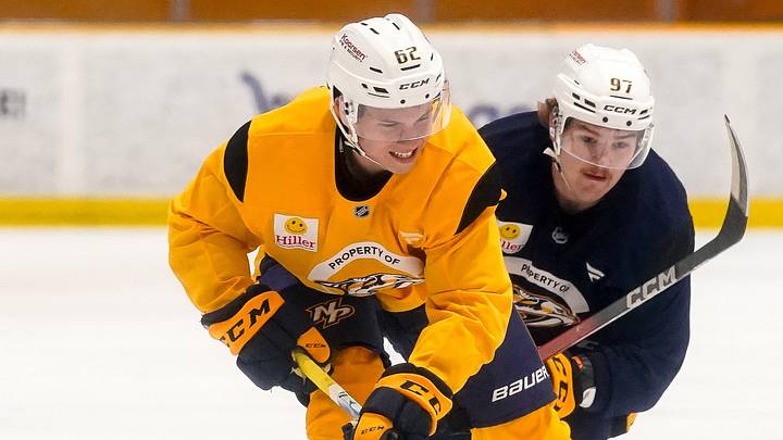 Gold team forward Felix Nilsson (62) battles Blue team forward Oasiz Wiesblatt (97) during the Future Stars Game at the Ford Ice Center Bellevue in Nashville, Tenn., Saturday, July 5, 2025.