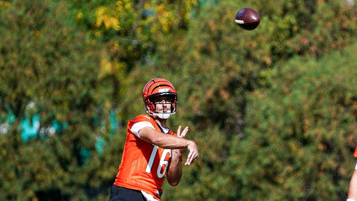 Cincinnati Bengals quarterback Joe Flacco (16) throws a pass during practice, Wednesday, Oct. 8, 2025, at the Kettering Health Bengals Practice Fields in downtown Cincinnati.