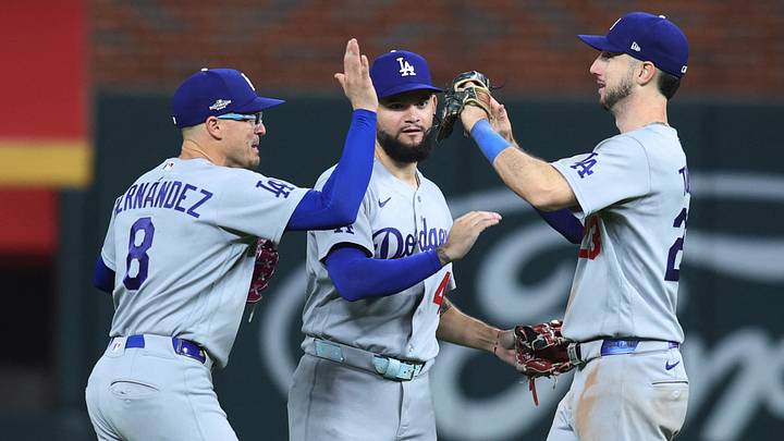 Oct 6, 2026; Cumberland, Georgia, USA; Los Angeles Dodgers outfielder Enrique Hernandez (8), outfielder Andy Pages (44) and outfielder Kyle Tucker (23) high five after defeating the Atlanta Braves in game three of the NLDS for the 2026 MLB Playoffs at Truist Park. Mandatory Credit: Brett Davis-Imagn Images Oct 6, 2026; Cumberland, Georgia, USA; Los Angeles Dodgers outfielder Enrique Hernandez (8), outfielder Andy Pages (44) and outfielder Kyle Tucker (23) high five after defeating the Atlanta Braves in game three of the NLDS for the 2026 MLB Playoffs at Truist Park. Mandatory Credit: Brett Davis-Imagn Images