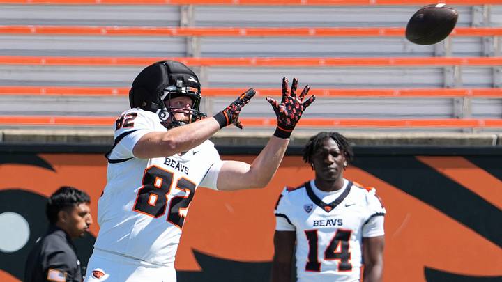 Oregon State's Gabe Milbourn (82) catches the ball before the Oregon State Spring Game at Reser Stadium on Saturday, April 25, 2026, in Corvallis, Ore. Oregon State's Gabe Milbourn (82) catches the ball before the Oregon State Spring Game at Reser Stadium on Saturday, April 25, 2026, in Corvallis, Ore.