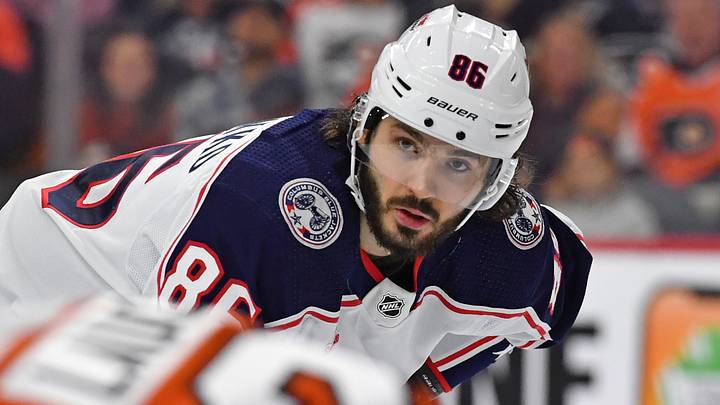 Jan 4, 2024; Philadelphia, Pennsylvania, USA; Columbus Blue Jackets right wing Kirill Marchenko (86) against the Philadelphia Flyers at Wells Fargo Center. Mandatory Credit: Eric Hartline-USA TODAY Sports