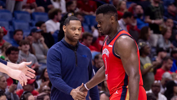 Apr 16, 2024; New Orleans, Louisiana, USA; New Orleans Pelicans forward Zion Williamson (1) reacts with New Orleans Pelicans head coach Willie Green on a time out in the first half against the Los Angeles Lakers during a play-in game of the 2024 NBA playoffs against the New Orleans Pelicans at Smoothie King Center. Mandatory Credit: Stephen Lew-Imagn Images