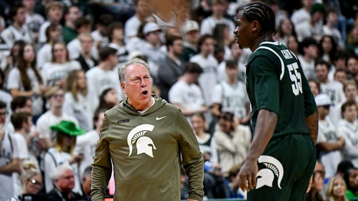 Michigan State's head coach Tom Izzo, left, talks to Coen Carr during the second half in the game against San Jose State on Thursday, Nov. 13, 2025, at the Breslin Center in East Lansing. Michigan State's head coach Tom Izzo, left, talks to Coen Carr during the second half in the game against San Jose State on Thursday, Nov. 13, 2025, at the Breslin Center in East Lansing.