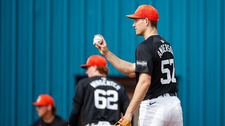 Detroit Tigers pitcher Drew Anderson throws during spring training at TigerTown in Lakeland, Fla. on