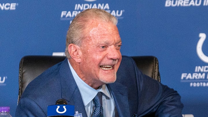 Jim Irsay smiles during a press conference.