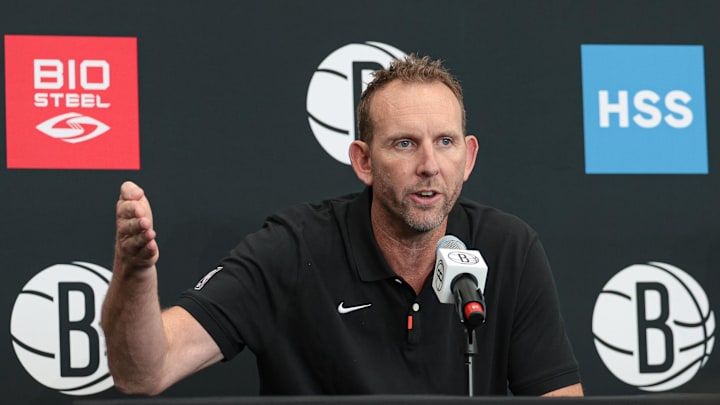 Sep 26, 2022; Brooklyn, NY, USA; Brooklyn Nets general manager Sean Marks talks to the media during media day at HSS Training Center. Mandatory Credit: Vincent Carchietta-Imagn Images