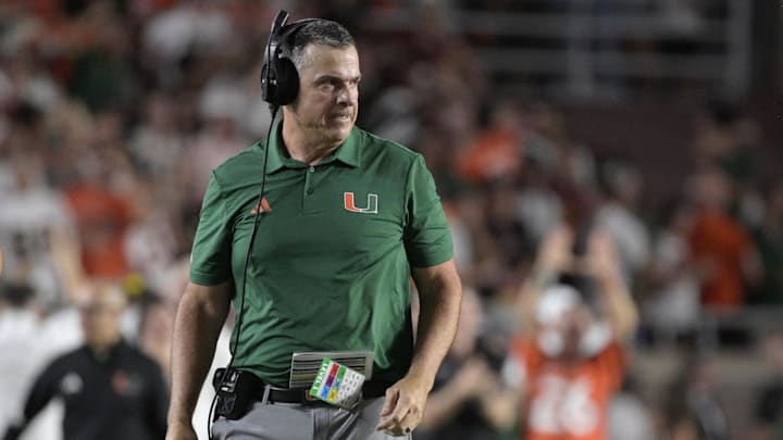 Oct 4, 2025; Tallahassee, Florida, USA; Miami Hurricanes head coach Mario Cristobal during the second half against the Florida State Seminoles at Doak S. Campbell Stadium. Mandatory Credit: Melina Myers-Imagn Images
