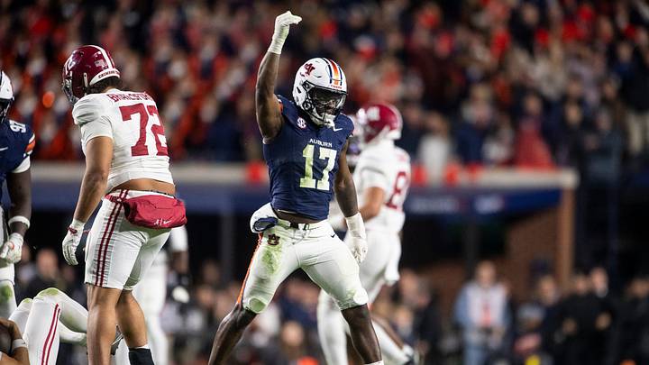 Auburn Tigers linebacker Xavier Atkins (17) celebrates his sack as Auburn Tigers take on Alabama at Jordan-Hare Stadium. Auburn Tigers linebacker Xavier Atkins (17) celebrates his sack as Auburn Tigers take on Alabama at Jordan-Hare Stadium.