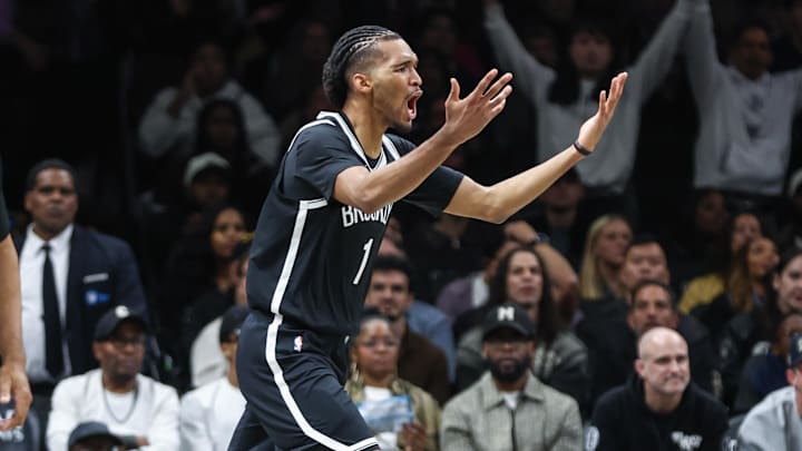 Oct 24, 2025; Brooklyn, New York, USA; Brooklyn Nets forward Ziaire Williams (1) reacts after a no-call by the officials in the fourth quarter against the Cleveland Cavaliers at Barclays Center. Mandatory Credit: Wendell Cruz-Imagn Images Oct 24, 2025; Brooklyn, New York, USA; Brooklyn Nets forward Ziaire Williams (1) reacts after a no-call by the officials in the fourth quarter against the Cleveland Cavaliers at Barclays Center. Mandatory Credit: Wendell Cruz-Imagn Images