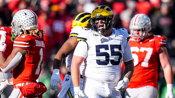 Michigan defensive lineman Mason Graham (55) celebrates a play against Ohio State during the second half at Ohio Stadium in Columbus, Ohio on Saturday, Nov. 30, 2024. Michigan defensive lineman Mason Graham (55) celebrates a play against Ohio State during the second half at Ohio Stadium in Columbus, Ohio on Saturday, Nov. 30, 2024.