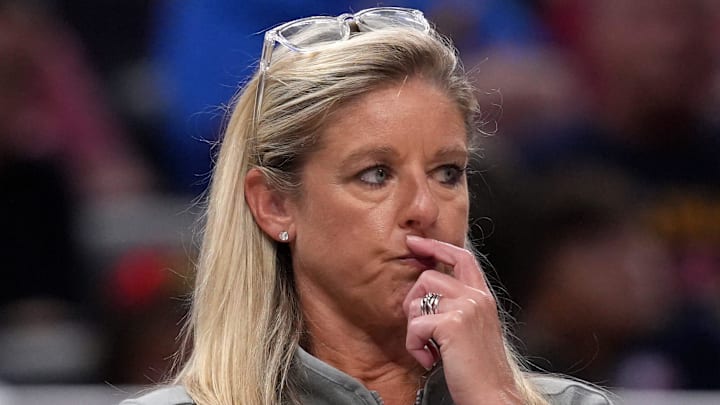 Indiana Fever head coach Christie Sides watches the second half of a game against the Seattle Storm on Sunday, Aug. 18, 2024, at Gainbridge Fieldhouse in Indianapolis. The Fever defeated the Storm 92-75.