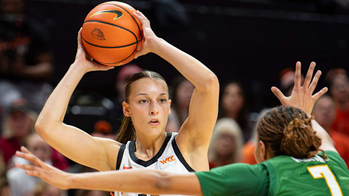 Oregon State's AJ Marotte (11) looks to pass the ball during an NCAA basketball game at Gill Coliseum on Thursday, Jan. 9, 2025, in Corvallis, Ore.