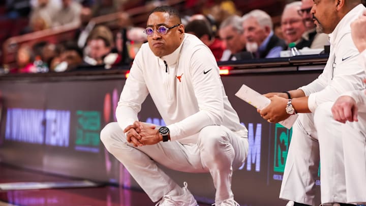 Feb 22, 2025; Columbia, South Carolina, USA; Texas Longhorns head coach Rodney Terry directs his team against the South Carolina Gamecocks in the first half at Colonial Life Arena. Mandatory Credit: Jeff Blake-Imagn Images