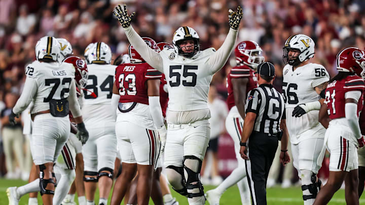 Sep 13, 2025; Columbia, South Carolina, USA; Vanderbilt Commodores offensive lineman Bryce Henderson (55) celebrates a field goal against the South Carolina Gamecocks in the second half at Williams-Brice Stadium. 