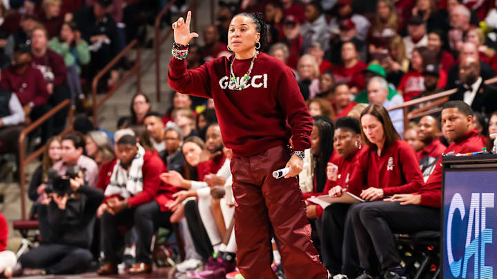 Jan 24, 2025; Columbia, South Carolina, USA; South Carolina Gamecocks head coach Dawn Staley directs her team against the LSU Lady Tigers in the first half at Colonial Life Arena. Mandatory Credit: Jeff Blake-Imagn Images Jan 24, 2025; Columbia, South Carolina, USA; South Carolina Gamecocks head coach Dawn Staley directs her team against the LSU Lady Tigers in the first half at Colonial Life Arena. Mandatory Credit: Jeff Blake-Imagn Images