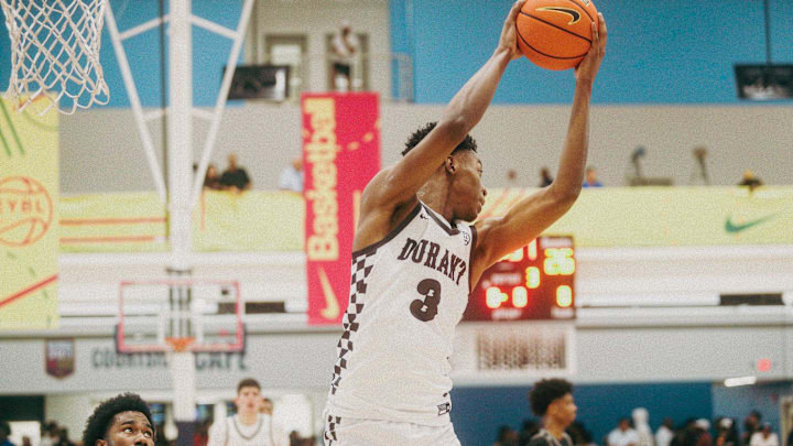 Team Durant’s Cam Ward (3) grabs a rebound during a game against Team Mokan Elite during the Nike Elite Youth Basketball League session one on Saturday, April 27, 2024 at the Memphis Sports & Event Center in Memphis, Tenn.