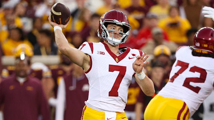 Oct 5, 2024; Minneapolis, Minnesota, USA; USC Trojans quarterback Miller Moss (7) throws the ball against the Minnesota Golden Gophers during the first half at Huntington Bank Stadium. Mandatory Credit: Matt Krohn-Imagn Images