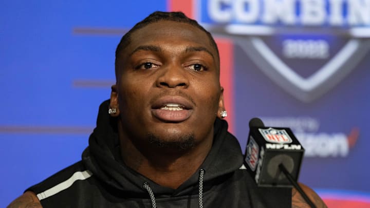 Oklahoma defensive lineman Perrion Winfrey talks to the media during the 2022 NFL Combine.  