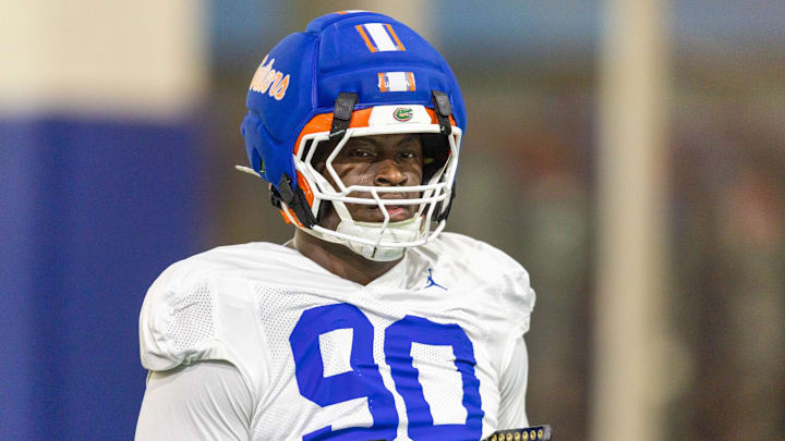 Florida defensive lineman Brendan Bett (90) waits during spring practice at Sanders Practice Fields in Gainesville, FL on Tuesday, March 31, 2026. [Alan Youngblood/Gainesville Sun]