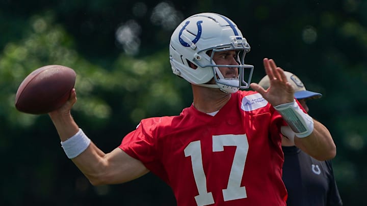 Indianapolis Colts quarterback Daniel Jones (17) throws the ball Tuesday, June 10, 2025, during NFL Colts mandatory mini camp at the Indiana Farm Bureau Football Center in Indianapolis. Indianapolis Colts quarterback Daniel Jones (17) throws the ball Tuesday, June 10, 2025, during NFL Colts mandatory mini camp at the Indiana Farm Bureau Football Center in Indianapolis.