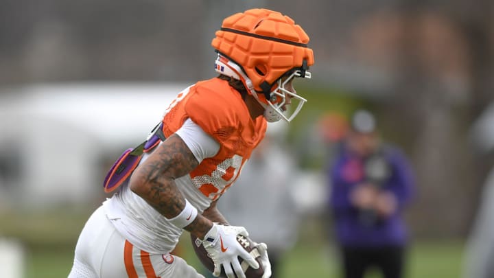 Clemson receiver Tristan Smith (80) runs after a catch during the football practice at the Allen N. Reeves Football Complex at Clemson University in Clemson, S.C. Wednesday, March 5, 2025.