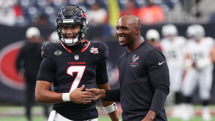 Aug 13, 2026; Houston, Texas, USA;  Houston Texans quarterback C.J. Stroud (7) shakes hands with  head coach DeMeco Ryans before playing against the Las Vegas Raiders at Reliant Stadium.  Mandatory Credit: Thomas Shea-Imagn Images