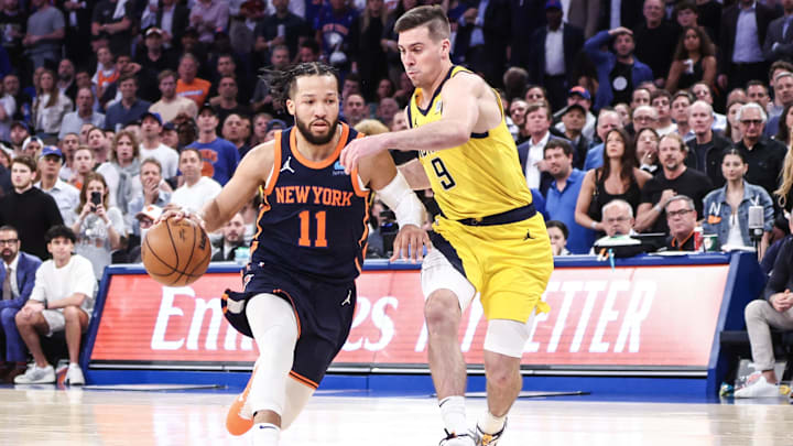 May 8, 2024; New York, New York, USA; New York Knicks guard Jalen Brunson (11) looks to drive past