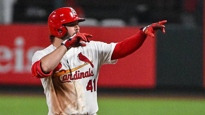 Aug 10, 2026; St. Louis, Missouri, USA; St. Louis Cardinals first baseman Alec Burleson (41) reacts after hitting a two run single against the Philadelphia Phillies during the sixth inning at Busch Stadium. Mandatory Credit: Jeff Curry-Imagn Images Aug 10, 2026; St. Louis, Missouri, USA; St. Louis Cardinals first baseman Alec Burleson (41) reacts after hitting a two run single against the Philadelphia Phillies during the sixth inning at Busch Stadium. Mandatory Credit: Jeff Curry-Imagn Images