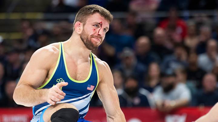 Zain Retherford suffers knees on the mat during the 65 kg men's freestyle championship series during the 2024 U.S. Olympic Team Trials at the Bryce Jordan Center. Zain Retherford suffers knees on the mat during the 65 kg men's freestyle championship series during the 2024 U.S. Olympic Team Trials at the Bryce Jordan Center.