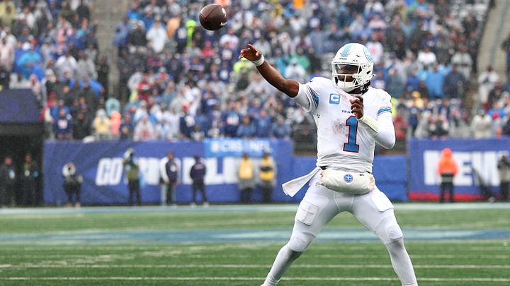 Sep 27, 2026; East Rutherford, New Jersey, USA;  Tennessee Titans quarterback Cam Ward (1) throws an intercaption caught by New York Giants safety Jevon Holland (not pictured) during the fourth quarter at MetLife Stadium.  Mandatory Credit: Vincent Carchietta-Imagn Images
