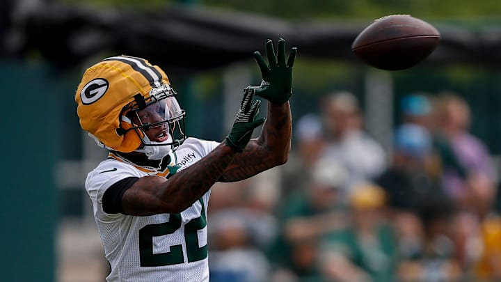 Green Bay Packers wide receiver Matthew Golden (22) catches a pass during the first day of training camp on Wednesday, July 23, 2025, at Ray Nitschke Field in Ashwaubenon, Wis. 
Tork Mason/USA TODAY NETWORK-Wisconsin