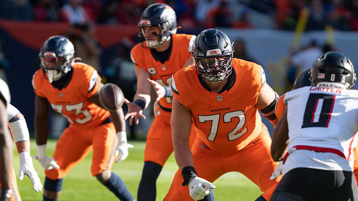 November 17, 2024: Denver Broncos offensive tackle Garett Bolles (72) gets set to block in the first half of the football game between the Denver Broncos and Atlanta Falcons. 