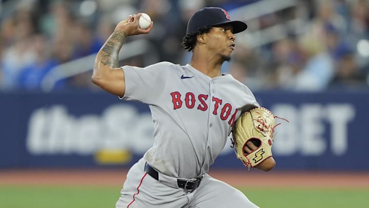 Sep 25, 2025; Toronto, Ontario, CAN; Boston Red Sox starting pitcher Brayan Bello (66) pitches to the Toronto Blue Jays during the first inning at Rogers Centre. Mandatory Credit: John E. Sokolowski-Imagn Images