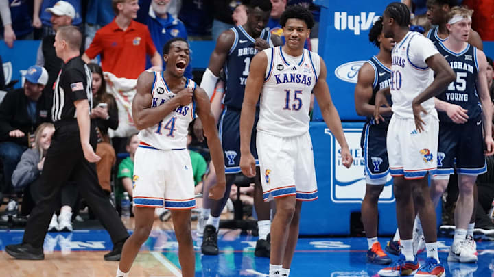 Kansas Jayhawks guard Melvin Council Jr. (14) yells out in the final minute of play during the game against BYU Cougars inside Allen Fieldhouse on Jan. 31, 2026.