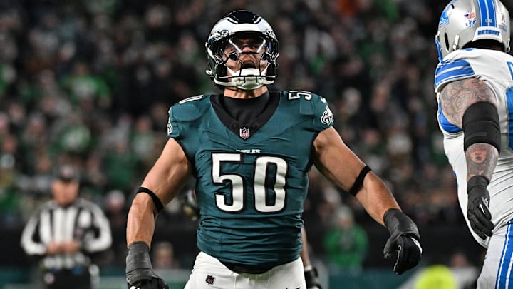 Nov 16, 2025; Philadelphia, Pennsylvania, USA; Philadelphia Eagles linebacker Jaelan Phillips (50) celebrates a sack against the Detroit Lions at Lincoln Financial Field. Mandatory Credit: Eric Hartline-Imagn Images