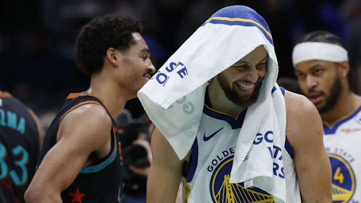 Feb 27, 2024; Washington, District of Columbia, USA; Golden State Warriors guard Stephen Curry (30) jokes with Washington Wizards guard Jordan Poole (13) after their game at Capital One Arena. Mandatory Credit: Geoff Burke-Imagn Images Feb 27, 2024; Washington, District of Columbia, USA; Golden State Warriors guard Stephen Curry (30) jokes with Washington Wizards guard Jordan Poole (13) after their game at Capital One Arena. Mandatory Credit: Geoff Burke-Imagn Images
